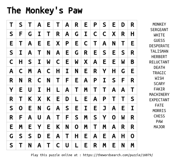 The monkey's paw word search answers